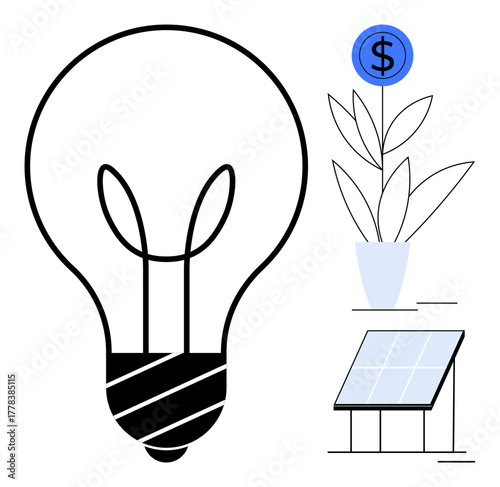 Large light bulb with solar panel and plant sprouting a dollar icon. Ideal for sustainability, renewable energy, innovation, finance, growth, eco-friendly investment, simple flat metaphor