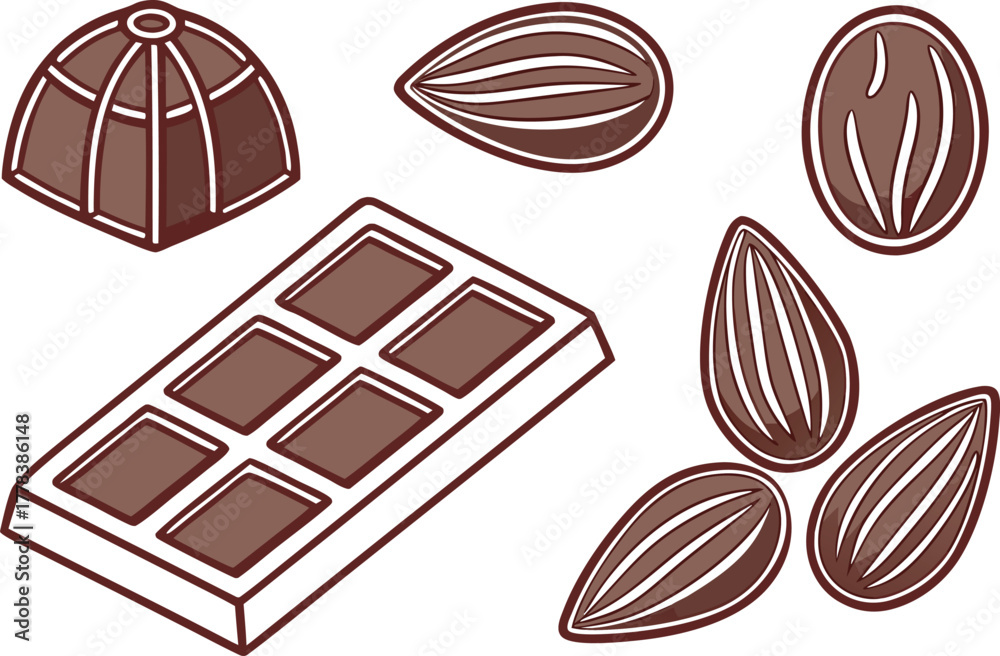 Fototapeta premium Chocolate Bar Illustration in Realistic Style. Delicious Cocoa Dessert Design. Sweet Chocolate Candy Artwork. Gourmet Chocolate Bar Drawing. Cocoa Treat Illustration Design. Chocolate Dessert Set