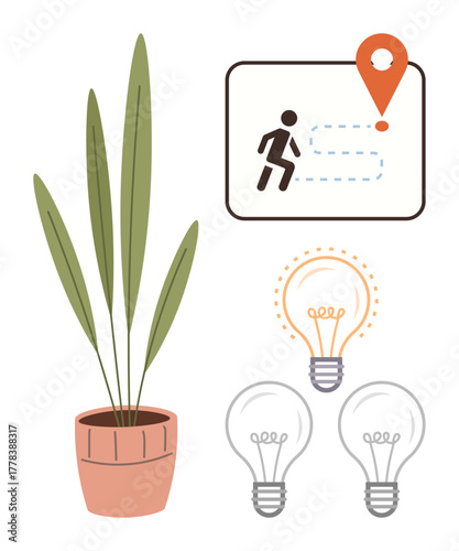 Lightbulbs symbolizing ideas, a running path with a location pin for goals, and a potted plant representing growth. Ideal for innovation, problem-solving, strategy, creativity, planning, development