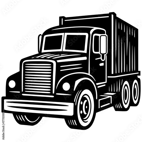 Classic black and white illustration of a vintage delivery truck with a box body