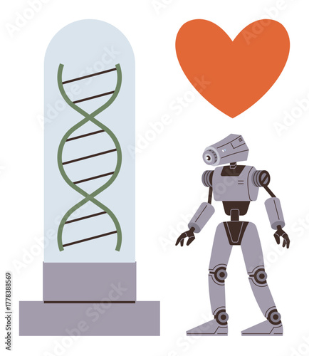 Robot beside DNA strand in glass case with heart shape above, illustrating the synergy between AI, genetics, and human emotion. Ideal for innovation, biotechnology, AI, humanity, ethics genetics