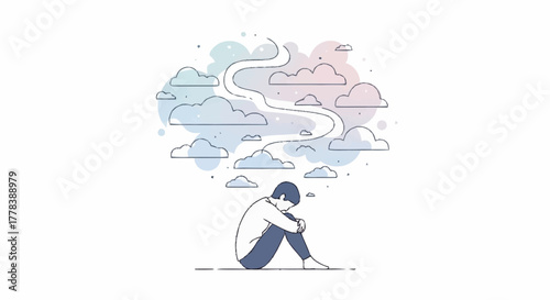 Anxiety and depression concept with a person lost in a labyrinth of thoughts, depicting mental struggle, emotional distress, and the burden of introspection