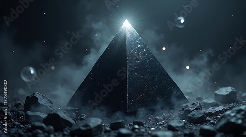 A dark, textured pyramid rises from a rocky landscape, illuminated by a bright light emanating from its apex, surrounded by fog and floating orbs.