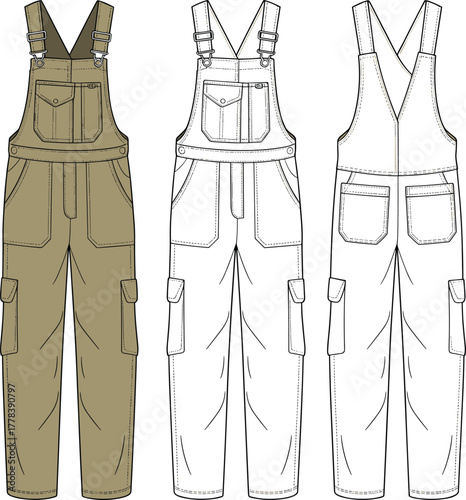 Women cargo dungaree overall front and back view, utility jumpsuit pants design, fashion flat technical sketch illustration