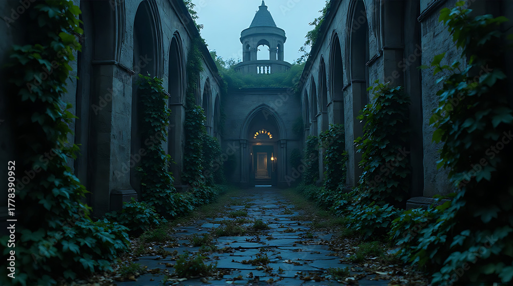 Obraz premium An eerie, overgrown corridor with gothic arches leads to a distant, illuminated doorway beneath a tower, shrouded in twilight.
