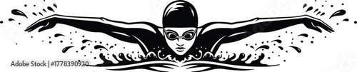 Butterfly stroke swimmer vector, professional swimming athlete illustration, competitive water sport design, fitness training graphic, swimmer in splash motion, sports silhouette artwork
