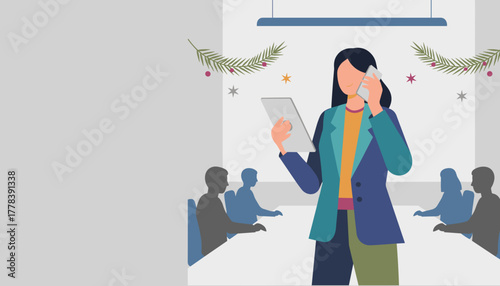 Professional woman multitasking with phone and tablet in a corporate meeting room decorated for Christmas
