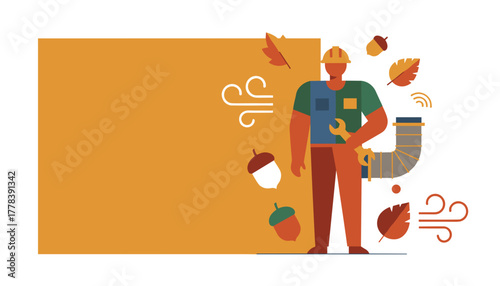 Autumn HVAC repair and maintenance illustration Technician with wrench and fall elements