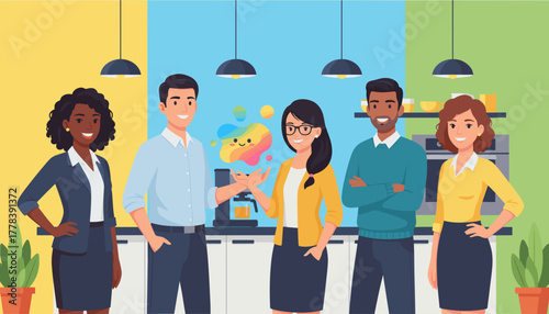 Multicultural business team discussing a creative concept illustration in the colorful office break room