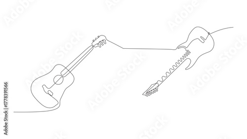 Electric Acoustic guitar continuous one-line vector drawing. Pianoforte hand-drawn silhouette clipart. Acoustic musical instrument sketch. Grand piano minimalistic contour illustration. 