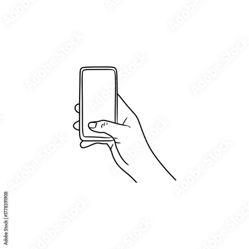Minimalist Line Art Depicting a Hand Holding a Mobile Phone Device Illustration for Design Projects, Posters, and Modern Art Themes with a Clean White Background, Simple and Engaging