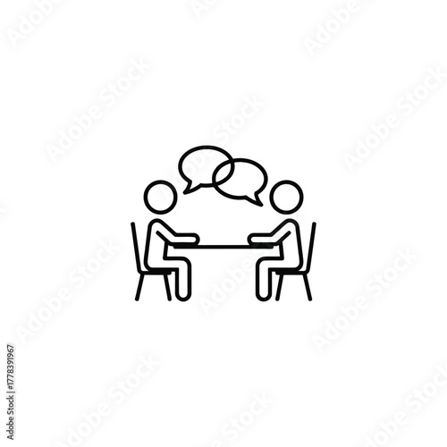 Iconic Business Negotiation Illustration Two People at a Table Discussing an Agreement Depicting Communication Teamwork Collaboration and Important Business Matters in Clean Minimalist Line Art Style