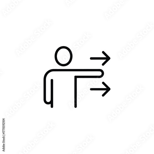 Graphic Icon Illustrating a Person Pointing or Directing Toward the Right Using Two Arrows to Indicate Direction or Movement on a White Background Clean