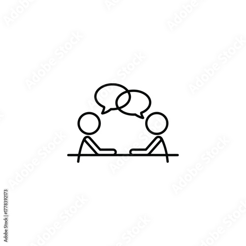 The Icon Depicts Two Stick Figures Engaging in a Discussion or Conversation, Represented by Speech Bubbles, Suggesting a Meeting, Negotiation, or Exchange of Ideas