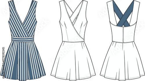 Women sleeveless wrap dress flat sketch, v neck design with criss cross back, fashion vector template, apparel illustration