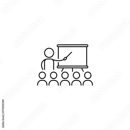 Simple Black and White Line Art Depicting a Person Presenting Information to a Group of People using a Whiteboard in a Classroom Setting, Highlighting Knowledge Transfer and Education