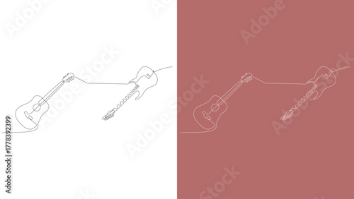 Electric Acoustic guitar continuous one-line vector drawing. Pianoforte hand-drawn silhouette clipart. Acoustic musical instrument sketch. Grand piano minimalistic contour illustration. 