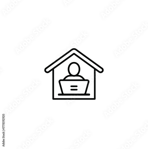 Minimalist Work from Home Icon Illustration of a person at a computer inside a house representing remote work, freelance job, online education, or digital nomad lifestyle.