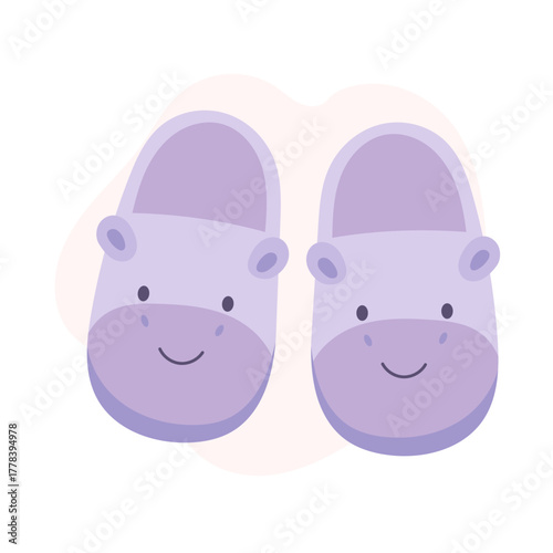 Purple hippo slippers with smiling faces, hippo slippers radiating warmth and fun energy, hippo design bringing playful comfort and childhood nostalgia, perfect for cozy interiors, kids visuals