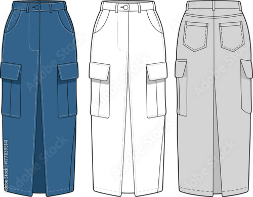 Women cargo skirt fashion flat sketch, long skirt with pocket design, apparel vector template, clothing outline