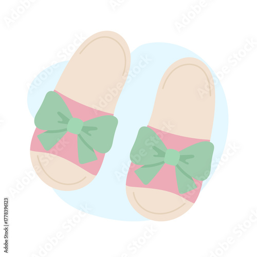 Elegant slippers with green bows, slippers combining pastel charm and comfort, slippers design radiating feminine softness, perfect for cozy interiors, pampering routines, self-care visuals