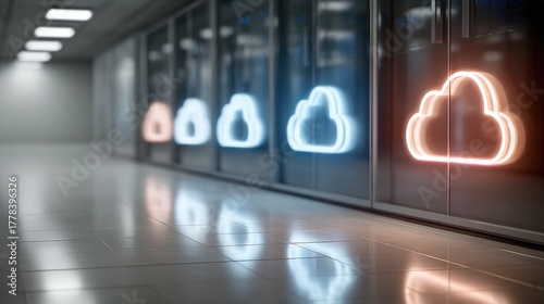 Wallpaper Mural Futuristic Cloud Computing Data Center with Neon Cloud Icons and Glass Servers Torontodigital.ca