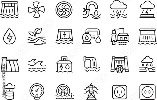 Hydro Power, Water Energy Generation, and Renewable Electricity Vector Line Icons Set: Dam, Turbine, and Tidal Symbols.