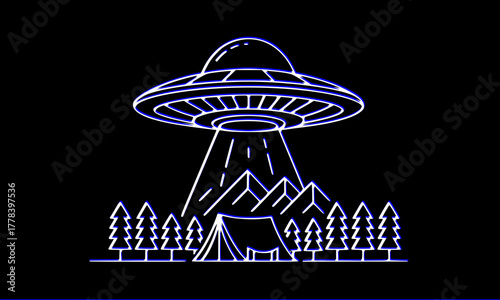 UFO spaceship over mountains and pine forest campsite, modern minimal line art illustration, alien abduction night scene, futuristic sci-fi outdoor camping concept