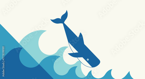 Whale Leaping Over Waves - A Minimalist Marine Illustration.