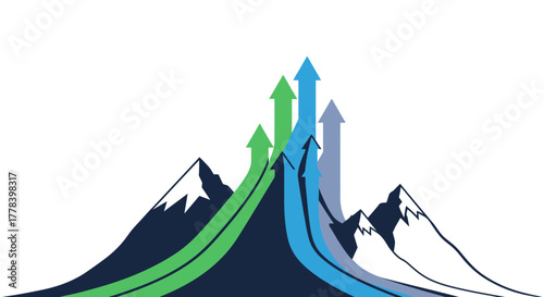Arrows Ascending Mountain Peaks Symbolizing Business Growth and Success.