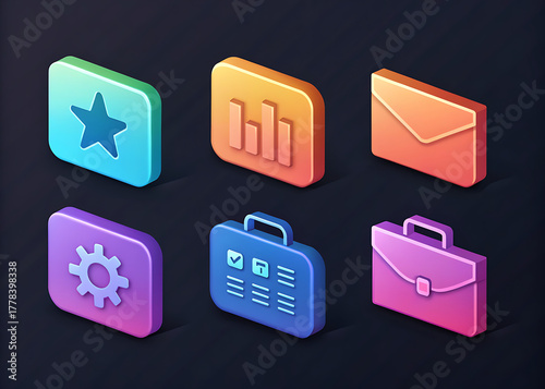Isometric icons representing business and technology concepts on a dark background