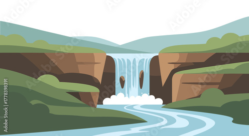 Beautiful Waterfall Flowing Through Lush Green Mountains.