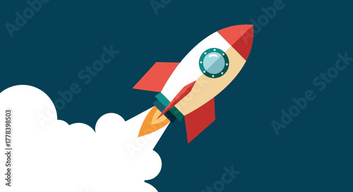 Cartoon rocket ship launching into the sky with a trail of smoke.