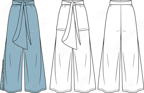 Wide leg pants fashion flat sketch, tie belt trousers design, apparel template, clothing vector illustration, technical drawing