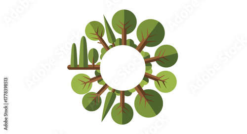 Circular arrangement of trees and plants around a central white circle, symbolizing nature and growth.