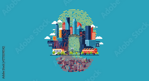 City Identity - Fingerprint Skyline with Crowd and Transportation.