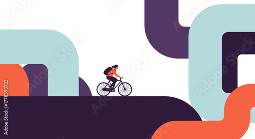 Cyclist journeying through a colorful abstract geometric landscape.