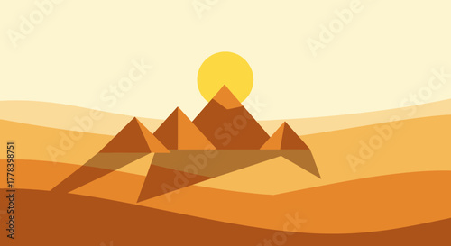 Egyptian pyramids under the sun in the desert landscape.