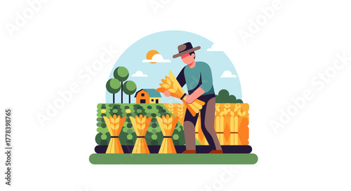 Farmer harvesting golden wheat in a sunny field.