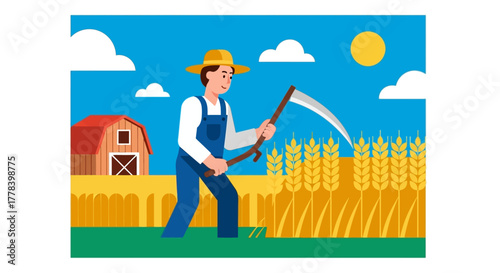 Farmer harvesting wheat field with scythe under the sun.
