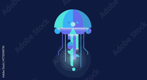 Glowing jellyfish illustration against a dark blue background, digital art.