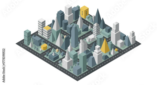 Isometric city illustration with modern skyscrapers and buildings.