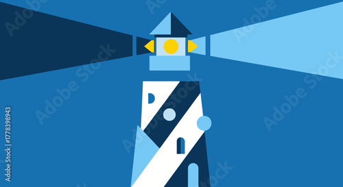 Lighthouse beacon shining brightly in the dark night sky.