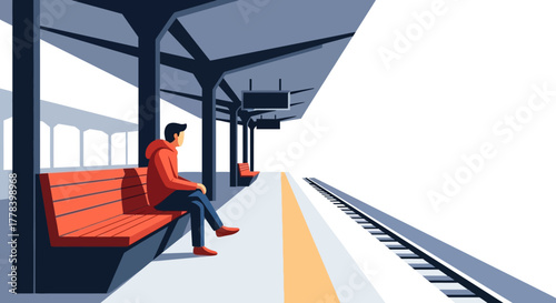 Man sitting alone on a bench at a train station platform, waiting for a train.