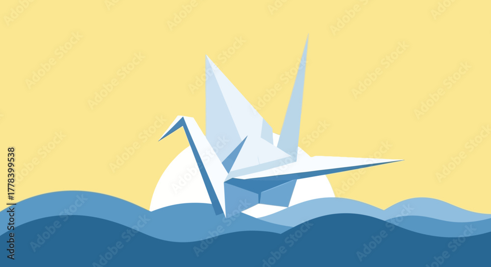 Naklejka premium Origami crane floating on water under a bright sky.
