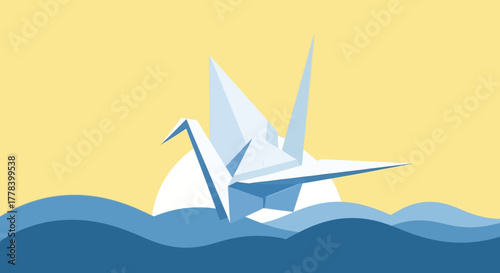 Origami crane floating on water under a bright sky.