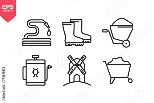 Set of line icons related to rubber boots, mill, garden hose, insecticide, wheel barrow. Outline icons collection. Editable stroke. Vector illustration