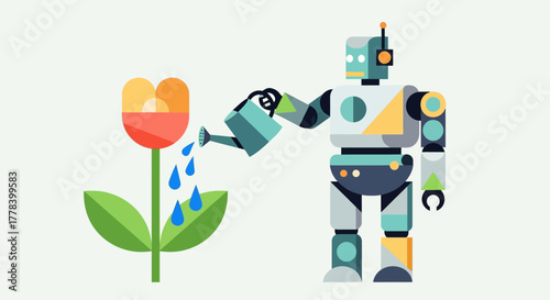 Robot watering a flower, demonstrating care and technology.