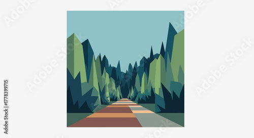 Stylized low poly forest path with geometric trees.
