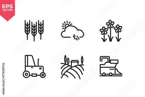 Set of line icons related to wheat berry, weather, farm flower, tractor, combine harvester. Outline icons collection. Editable stroke. Vector illustration